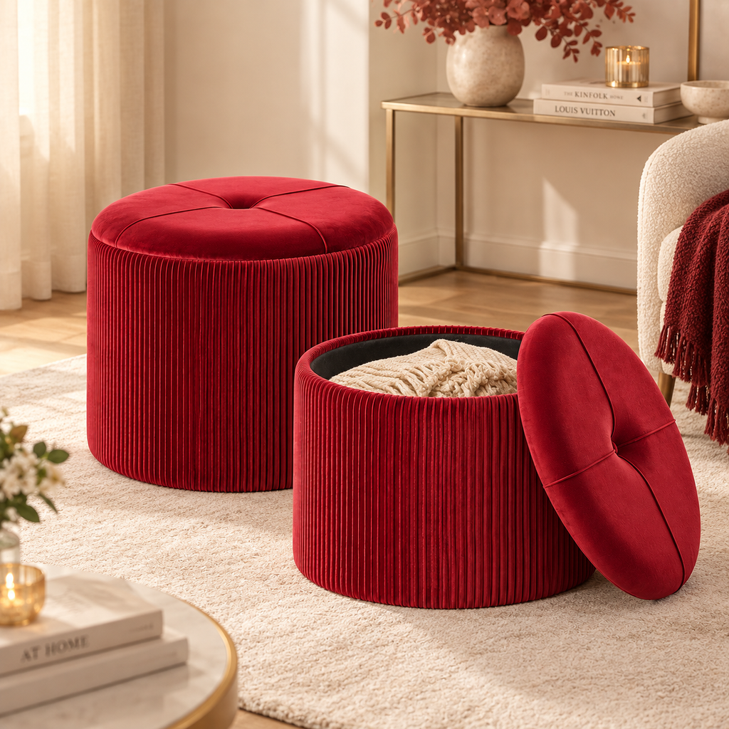 Pouf Contenitore Rotondo in Velluto Rosso rubino