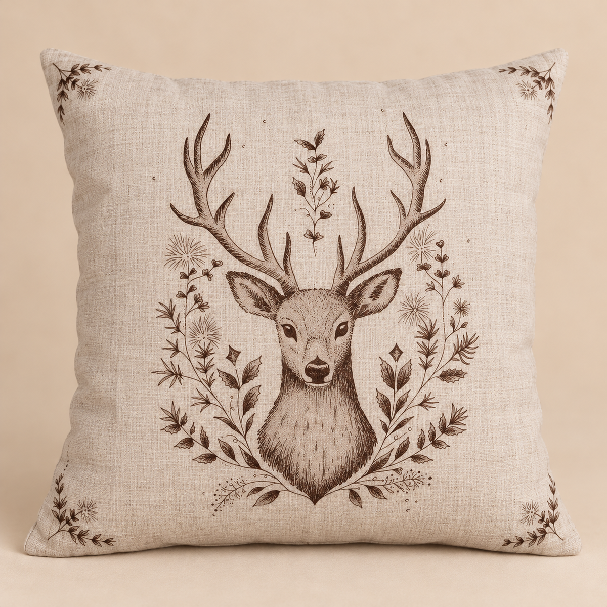 Cuscino Natalizio Winter Woodland Double Face con Cervo Beige e Marrone 45 x 45 cm