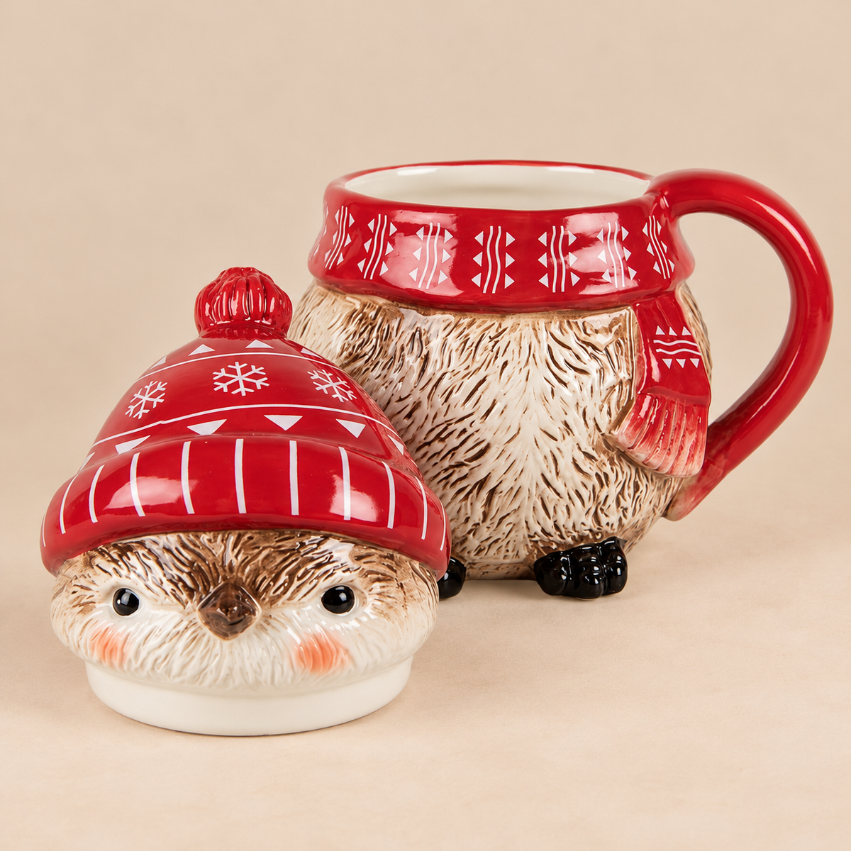 Tazza Natalizia Uccellino con Cappello Rosso e Coperchio 500 ml in Ceramica