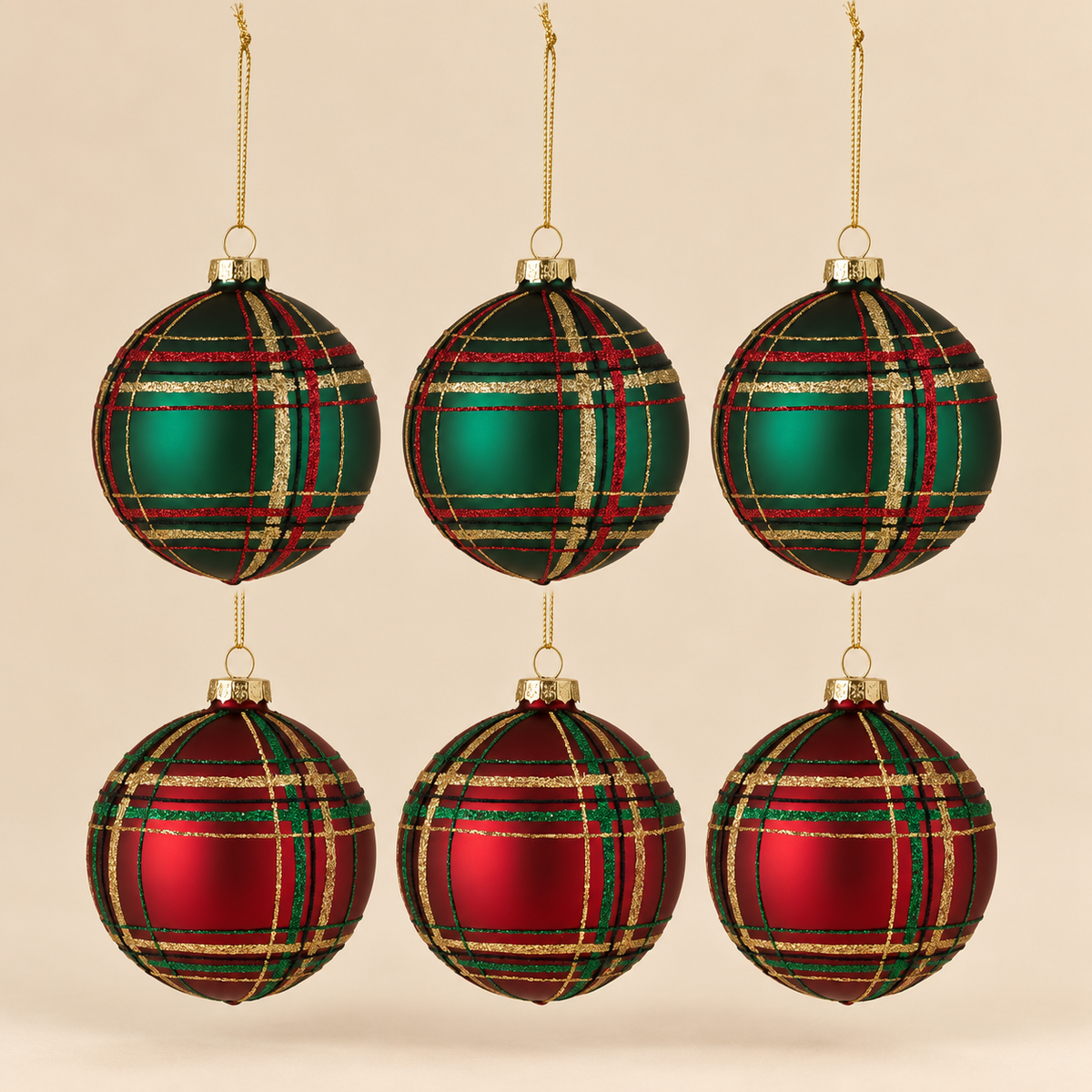 Set 6 Sfere di Natale in Vetro Fantasia Tartan Rosso e Verde con Dettagli Oro – Ø 8 cm