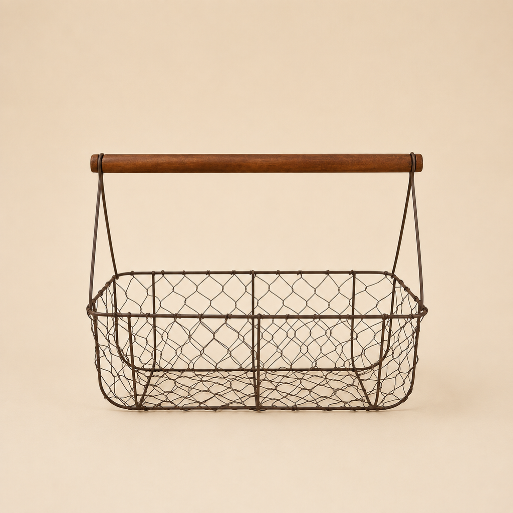 Cestino in Ferro con Manico in Legno – 36 x 17 x H 12/27 cm