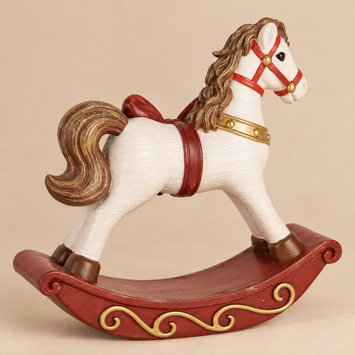 Cavallo a Dondolo Natalizio Decorativo Bianco con Fiocco Rosso e Dettagli Oro 17 x 5 x H18 cm