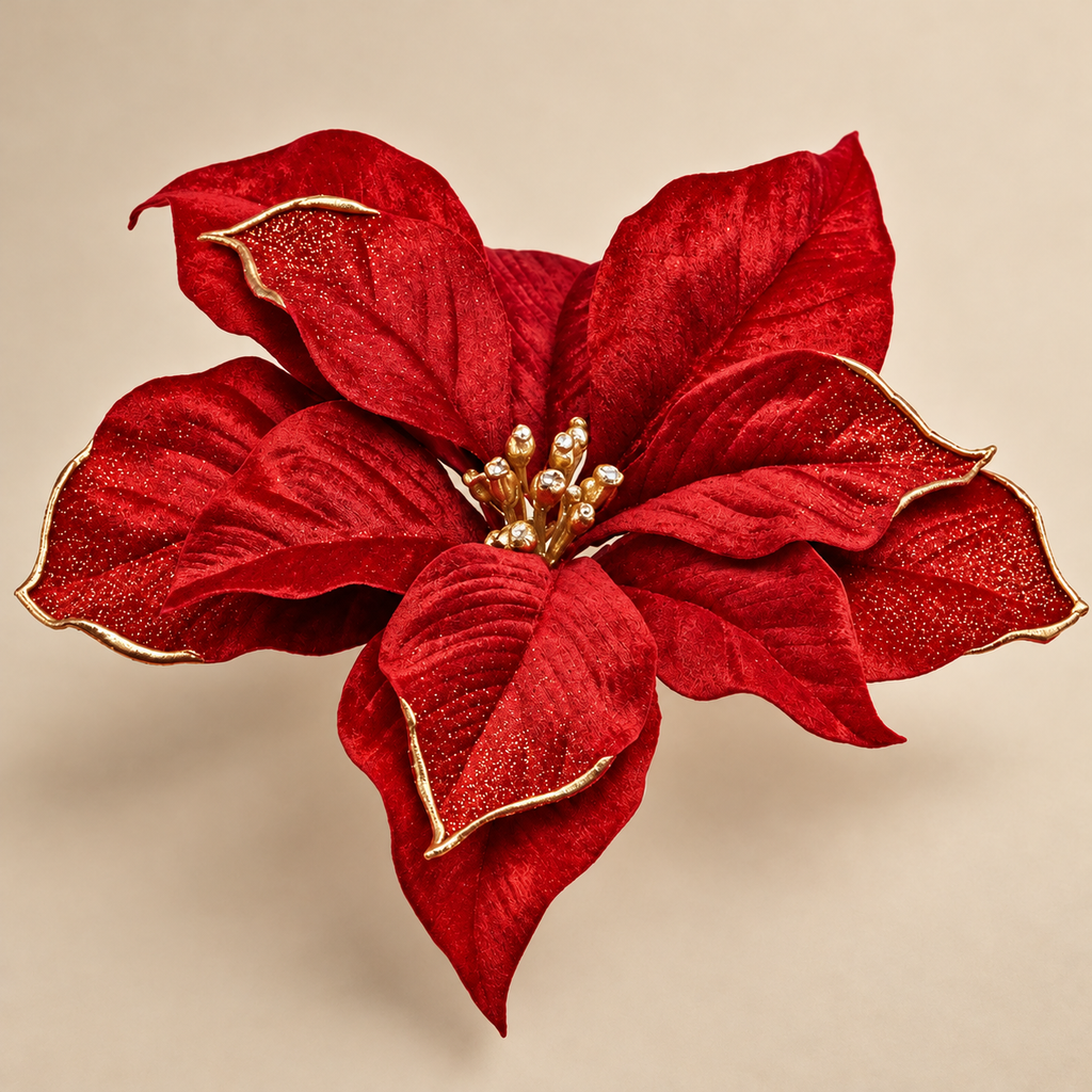 Stella di Natale Rosso e Oro con Petali Effetto Velluto e Glitter – Ø 22 cm