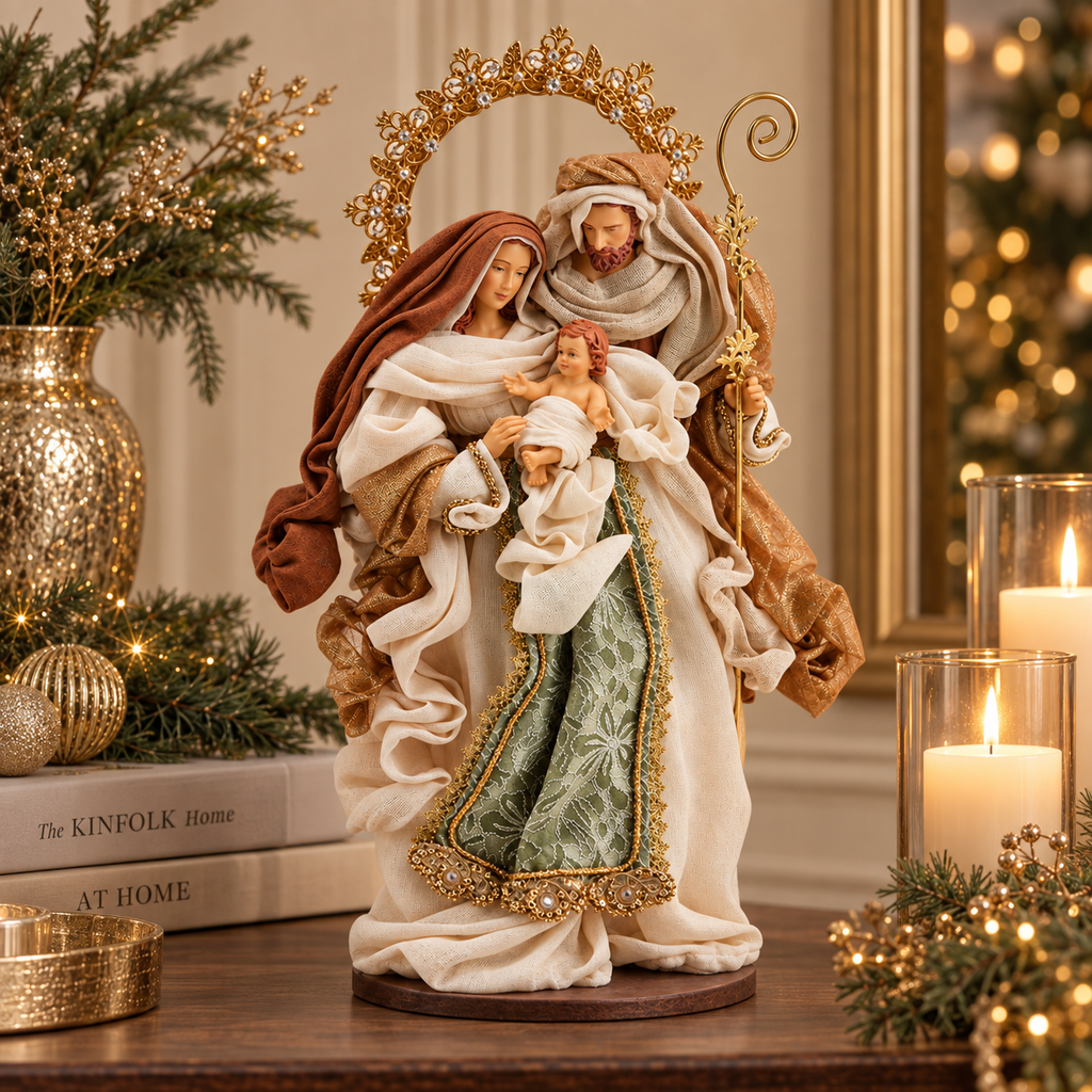 Natività Sacra Famiglia H 50 cm in Poliresina con Abiti in Tessuto - EDG