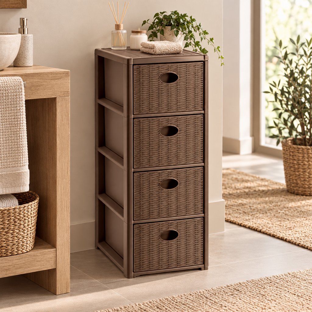 Cassettiera Elegance Slim 4 Cassetti Salvaspazio Marrone Effetto Rattan – 30 x 40 x H 80 cm