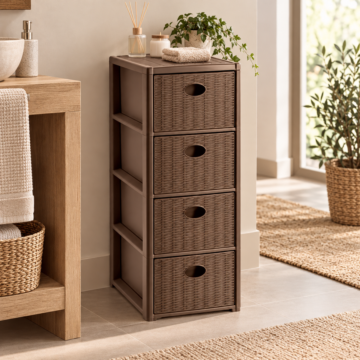 Cassettiera Elegance Slim 4 Cassetti Salvaspazio Marrone Effetto Rattan – 30 x 40 x H 80 cm