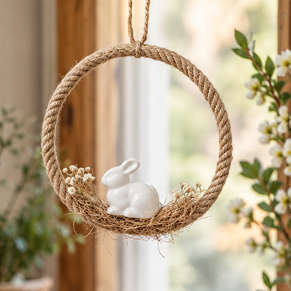 Decorazione Pasquale Sospesa con Coniglietto in Ceramica Ø 21 cm