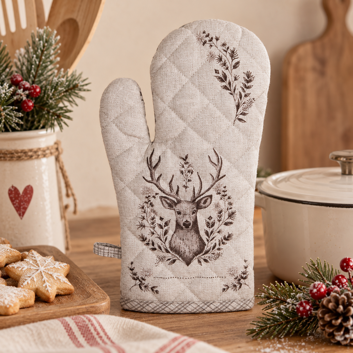 Guanto da Forno Natalizio Winter Woodland Double Face con Cervo Beige 18 x 30 cm in Cotone