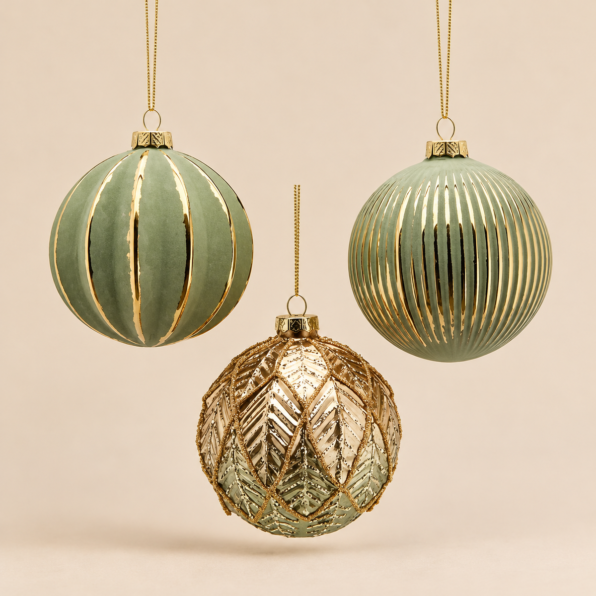 Sfera di Natale in Vetro Verde Salvia e Oro con Decorazioni in Rilievo – Ø 10 cm