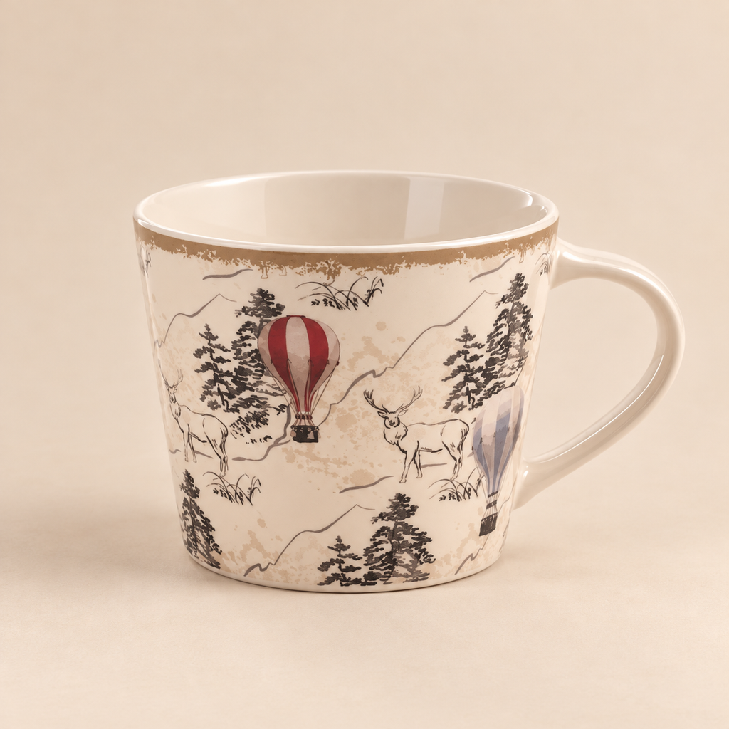 Tazza da Tè Village – Decoro Paesaggio Invernale con Renne e Mongolfiere – 280 ml