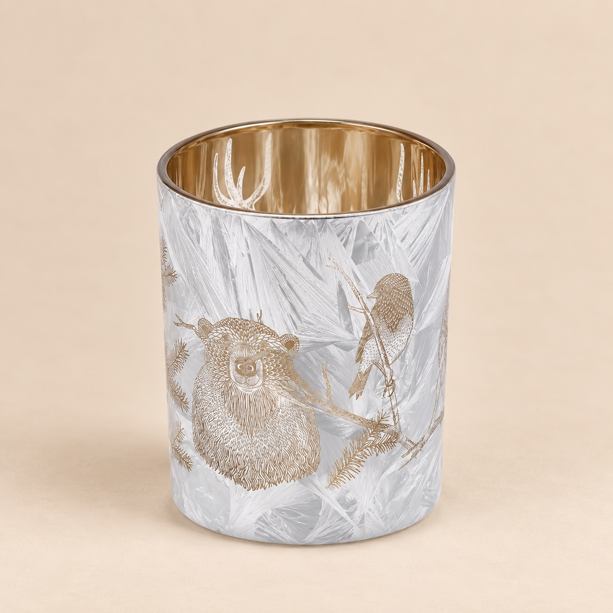 Portacandela Foresta con Orso Oro h.12,5 cm