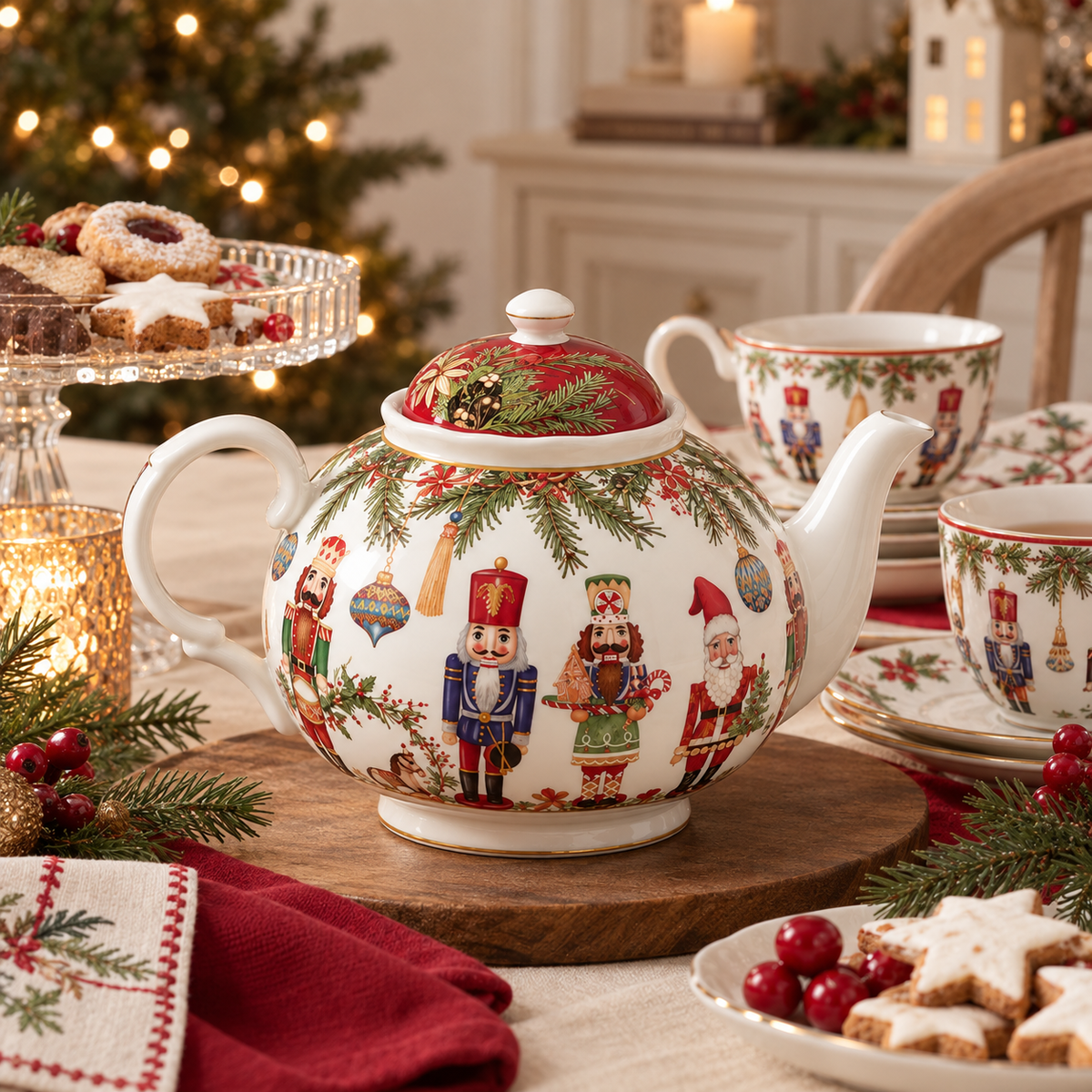 Teiera Natalizia EDG in Porcellana con Schiaccianoci, Babbo Natale e Decorazioni Natalizie 1080 ml Ø 15 x H 14 cm con Confezione Regalo