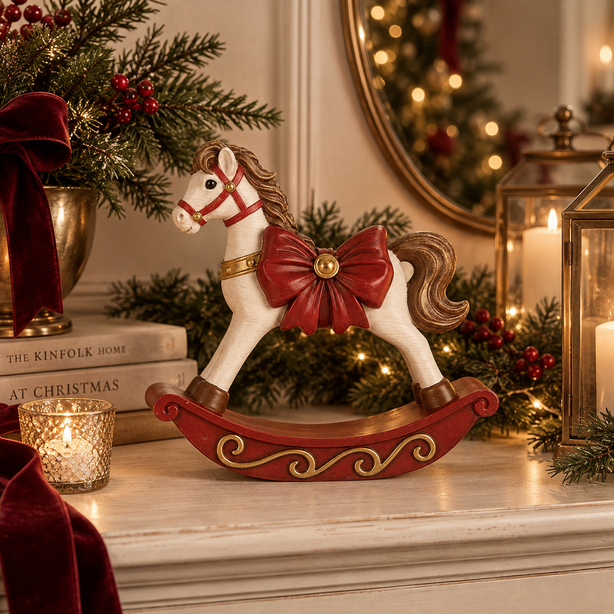 Cavallo a Dondolo Natalizio Decorativo Bianco con Fiocco Rosso e Dettagli Oro 17 x 5 x H18 cm