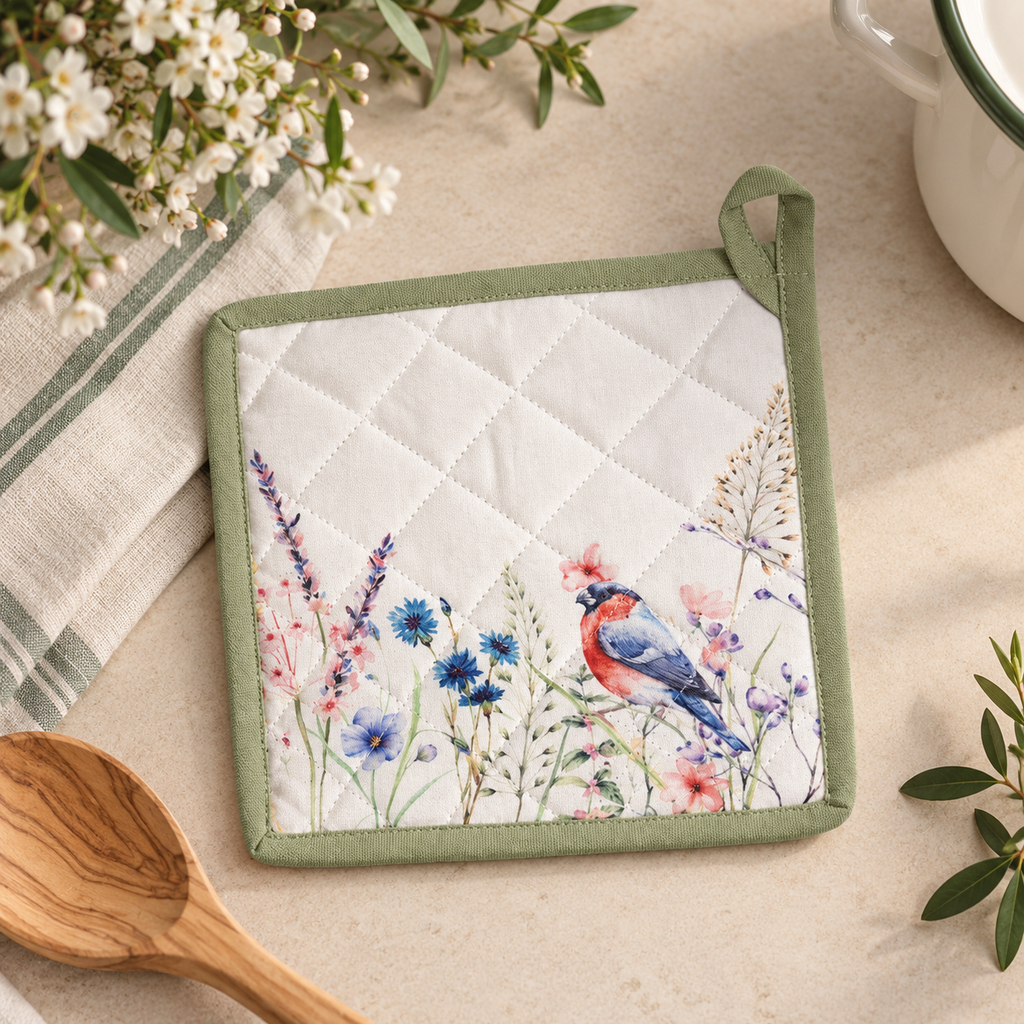 Presina Uccellino e Fiori in Cotone 20 x 20 cm