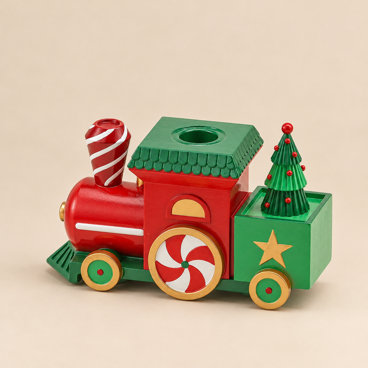 Locomotiva Natalizia Portacandela a Stelo in Poliresina Rossa e Verde con Albero di Natale 17 x 11 cm