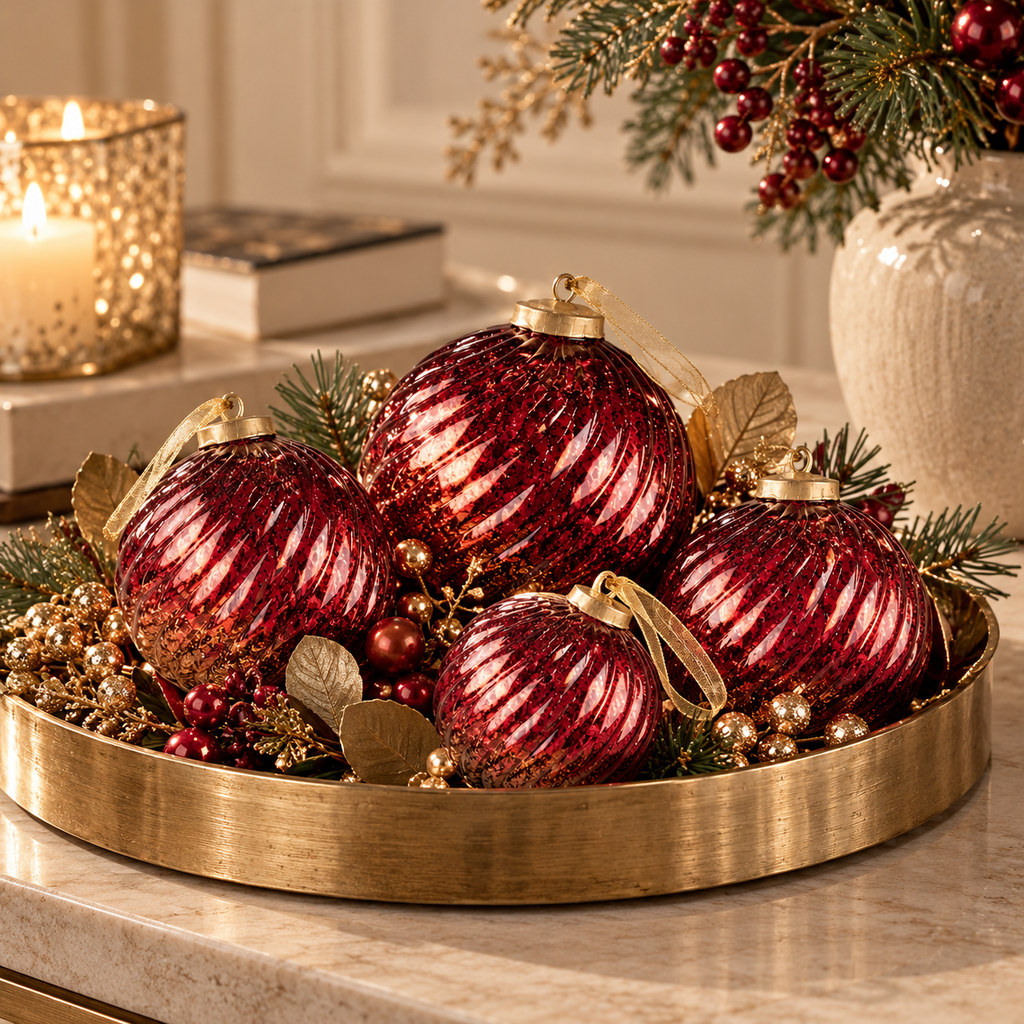 Sfera di Natale in Vetro Rosso Rubino Lucido con Righe a Spirale in Rilievo – Ø 10 cm