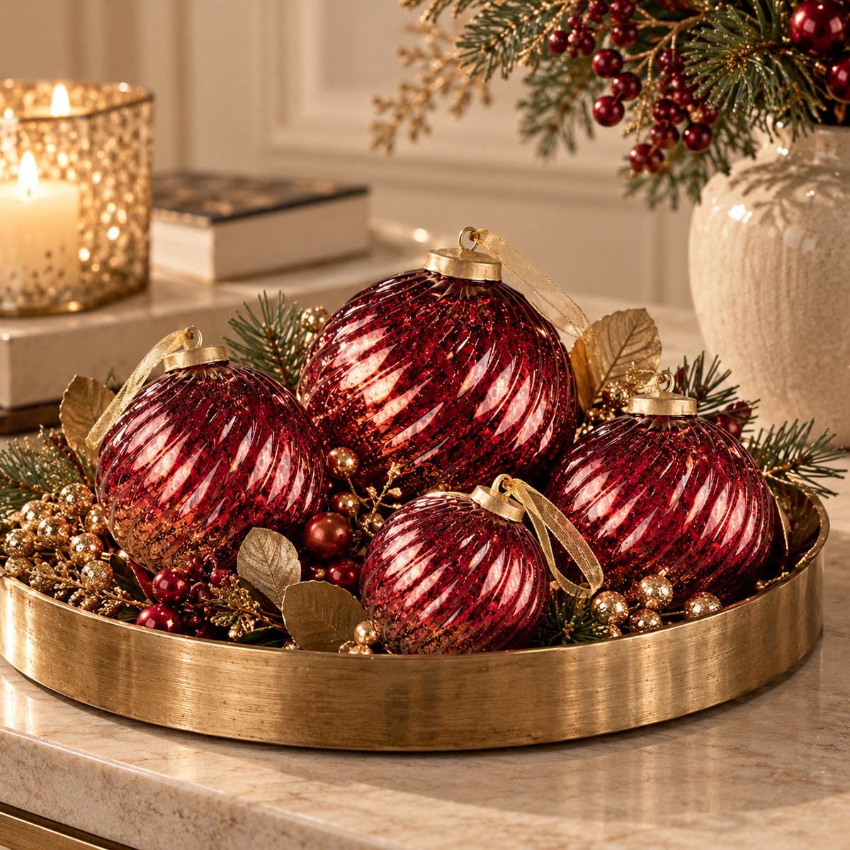 Sfera di Natale in Vetro Rosso Rubino Lucido con Righe a Spirale in Rilievo – Ø 10 cm