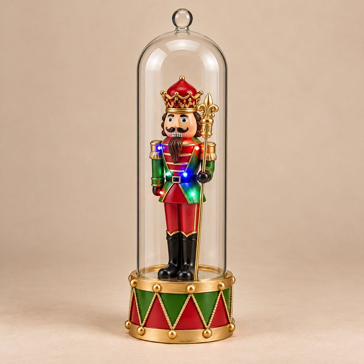 Schiaccianoci Natalizio Luminoso con Corona Rossa e Oro sotto Campana Trasparente e Base Tamburo – H 40 cm