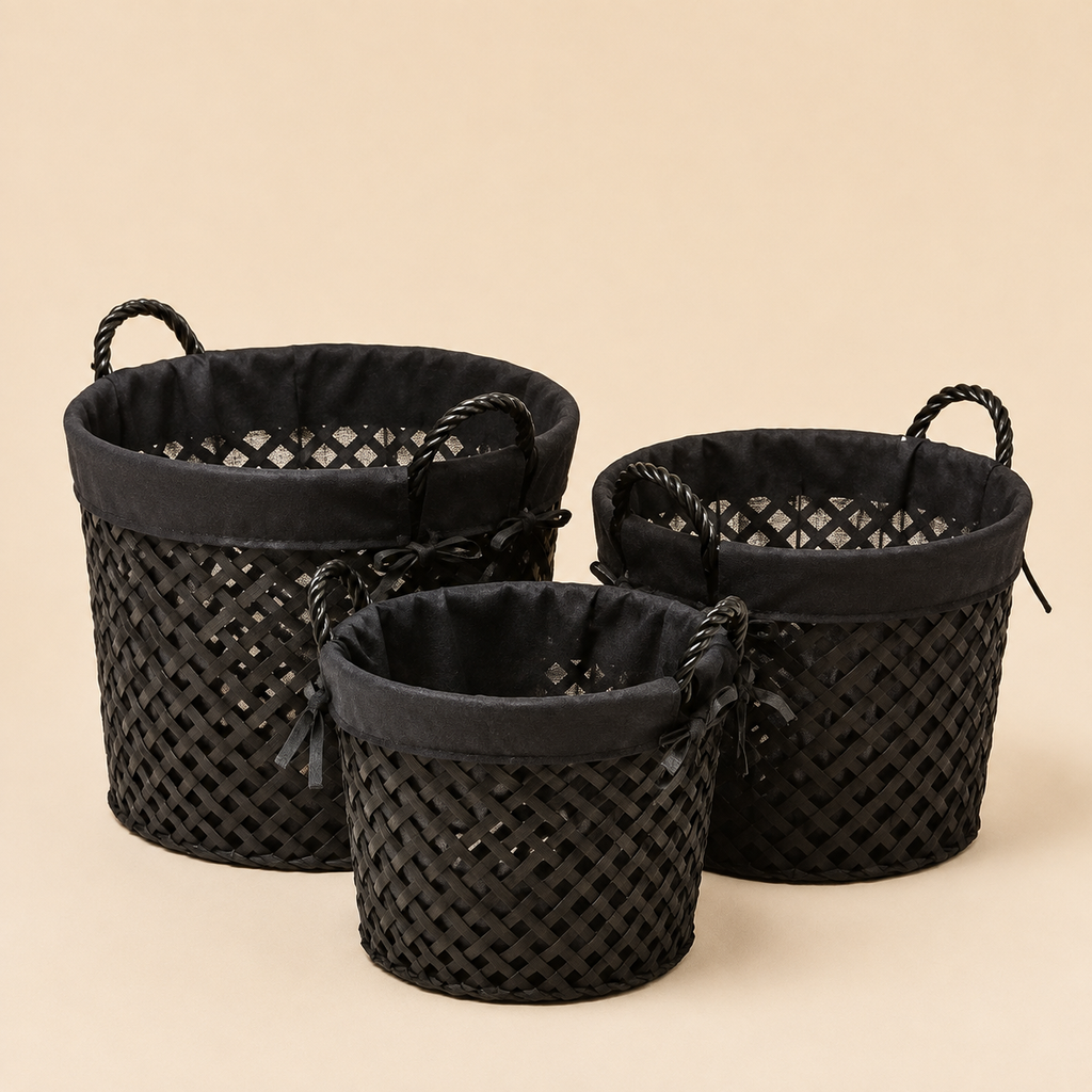 Cesto Rotondo Nero con Tessuto e Manici in Rattan – Disponibile in 3 Dimensioni