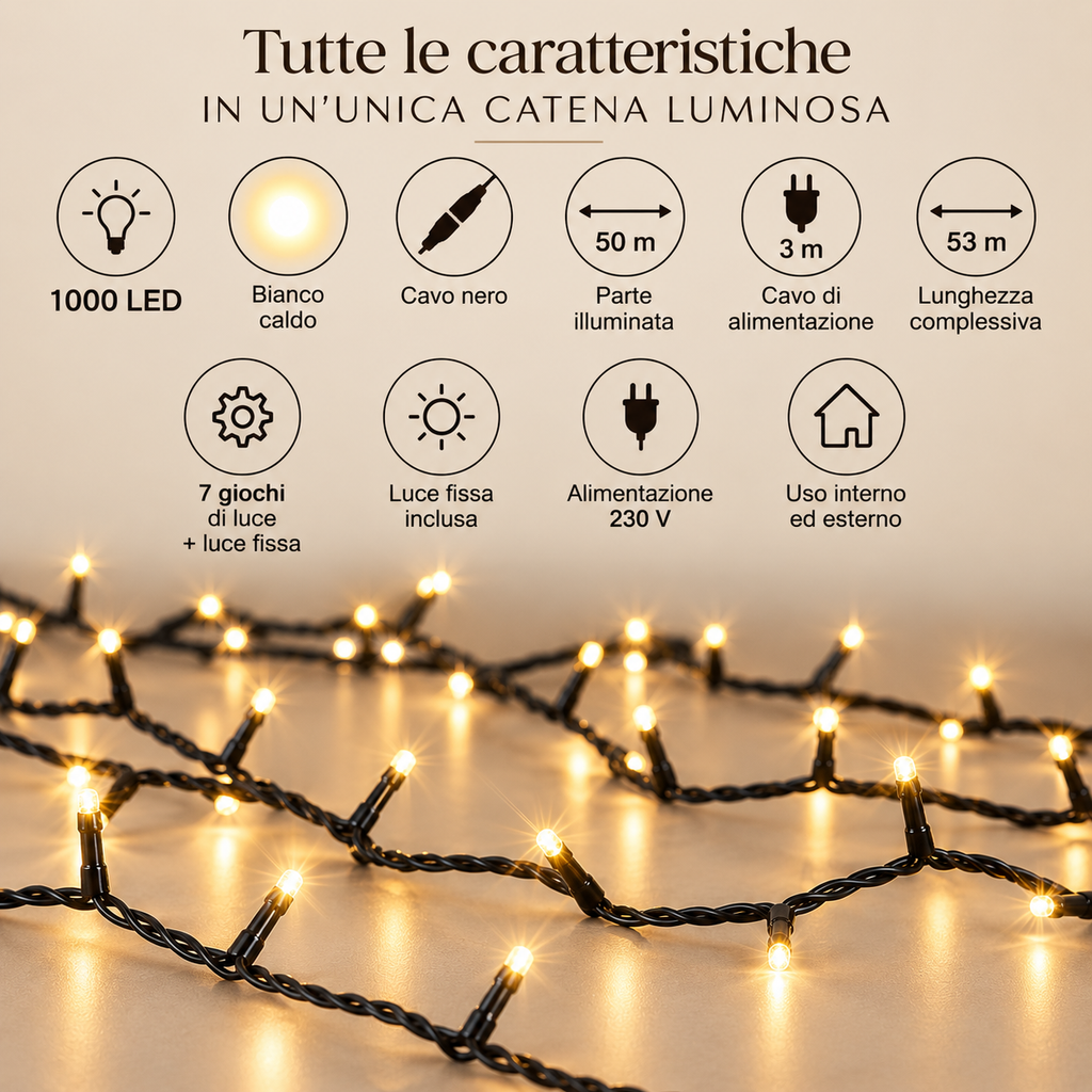 Catena Luminosa 1000 LED Bianco Caldo 50 m con 7 Giochi di Luce – Interno ed Esterno