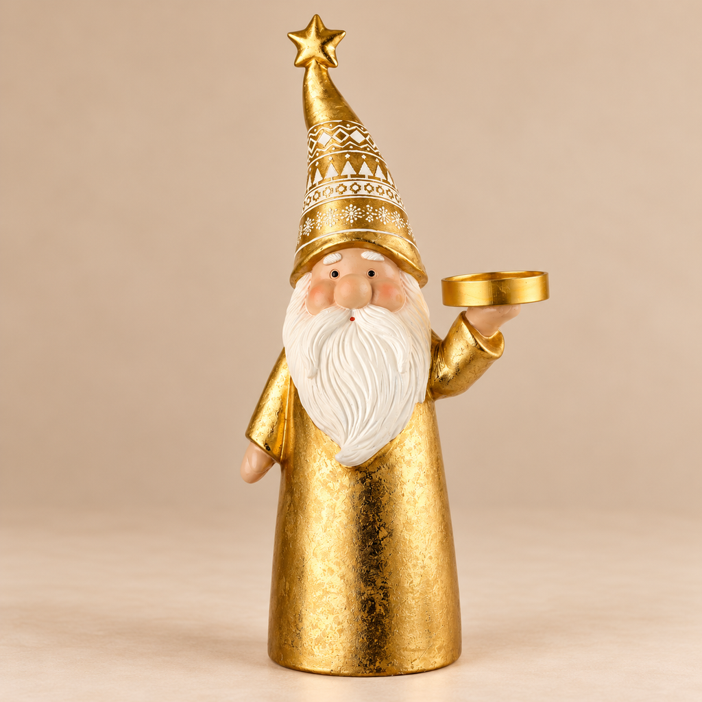 Babbo Natale Dorato Portacandela con Cappello a Punta Decorato e Stella – Collezione Portiamo la Luce! 17x10x36 cm