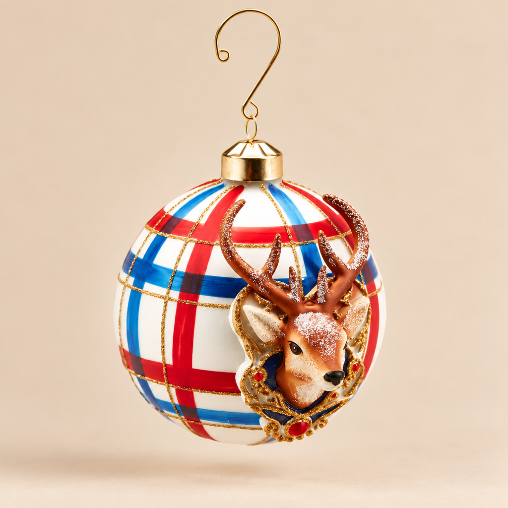 Sfera di Natale in Vetro Bianco con Motivo Tartan Rosso e Blu e Testa di Cervo in Rilievo – Ø 10 cm