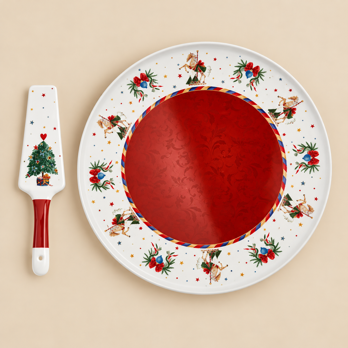 Set Torta Natalizio con Piatto in Ceramica Ø32 cm e Paletta Dolce La Giostra di Amelie – Fantasia Agrifoglio, Bacche Rosse e Albero di Natale