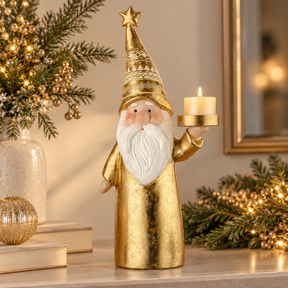 Babbo Natale Dorato Portacandela con Cappello a Punta Decorato e Stella – Collezione Portiamo la Luce! 17x10x36 cm