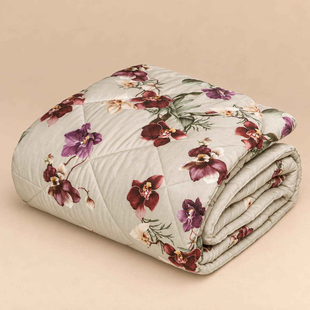 Trapunta Matrimoniale Invernale Jackie Bloom in Raso di Puro Cotone 300 T.C. con Fantasia Orchidee Bordeaux e Malva su Fondo Avorio 270 x 270 cm – Tessitura Randi