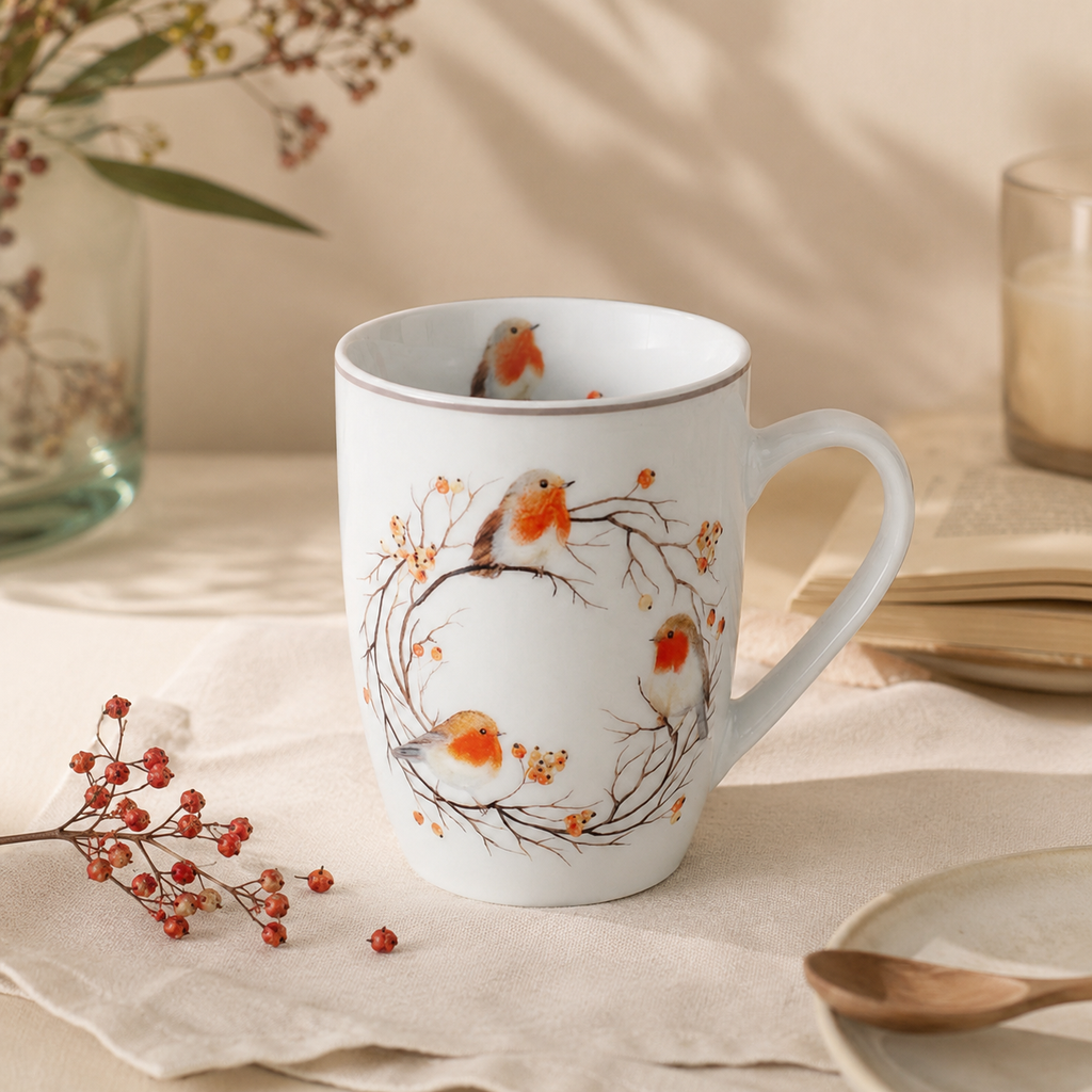Tazza in porcellana con decoro pettirosso Ruby