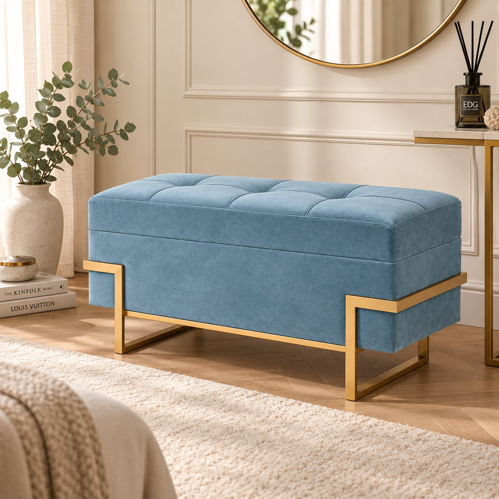 Pouf Contenitore in Velluto Azzurro con Struttura Oro 90 x 40 x H45 cm