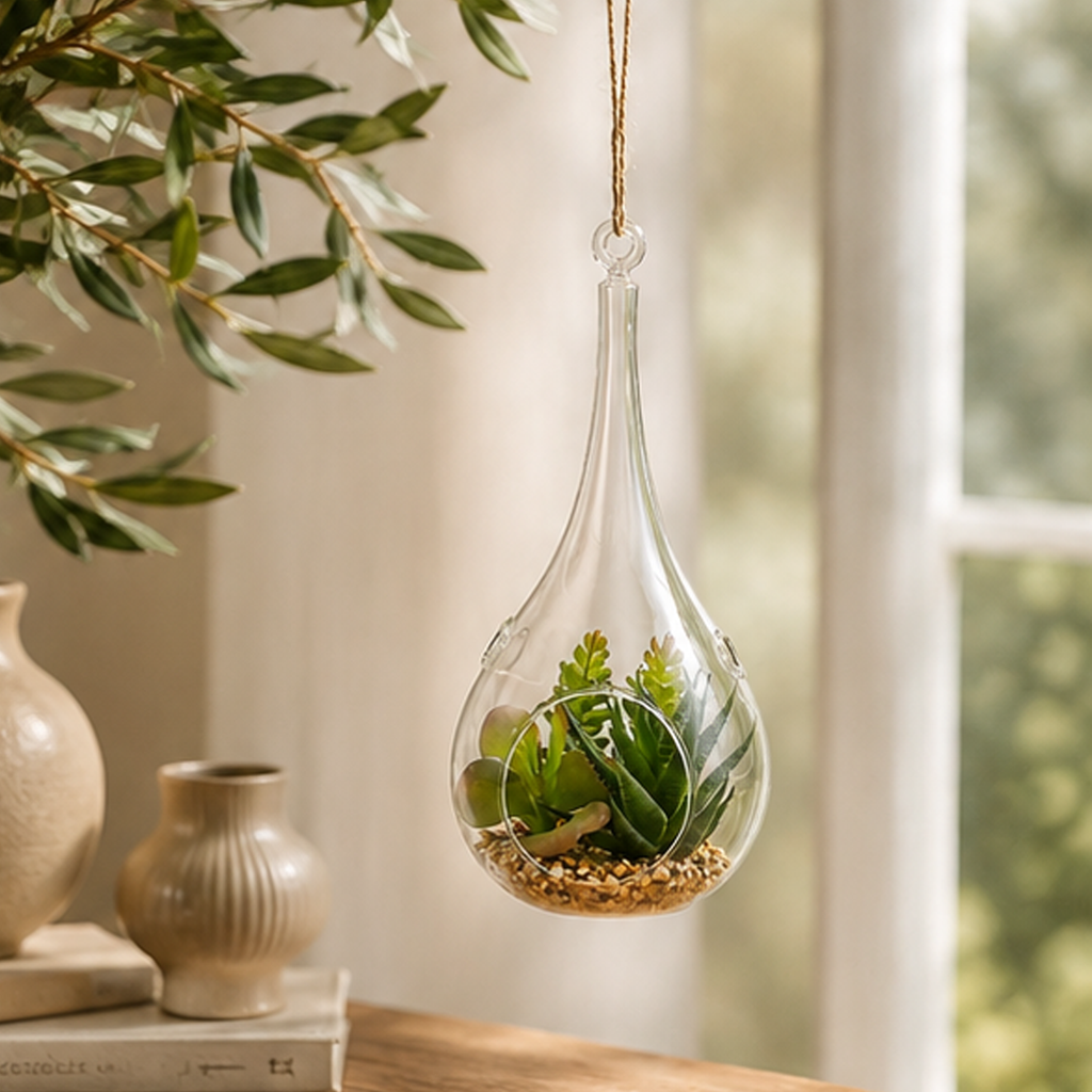 Decoro Goccia in Vetro con Pianta Succulenta – Ø 25 cm