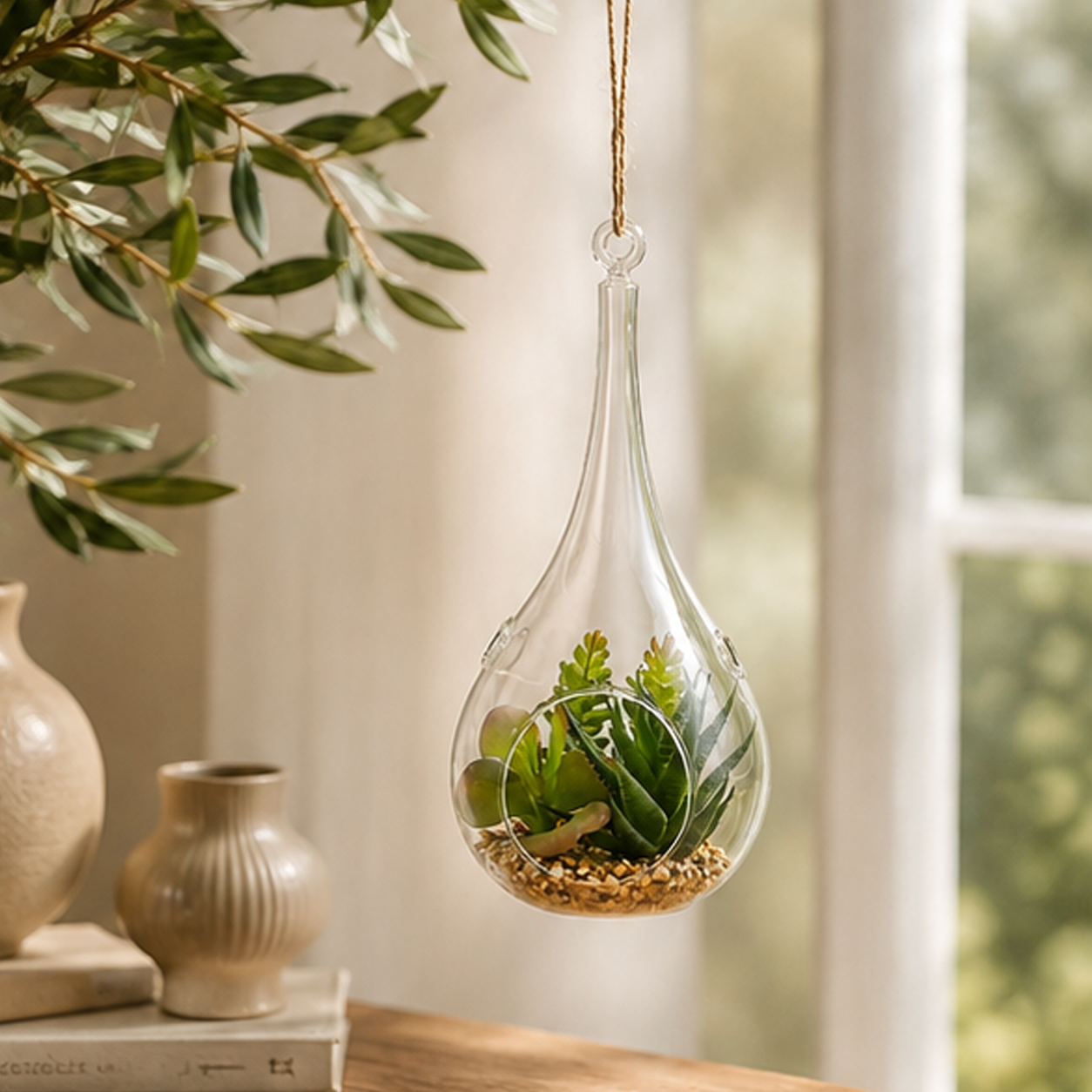 Decoro Goccia in Vetro con Pianta Succulenta – Ø 25 cm