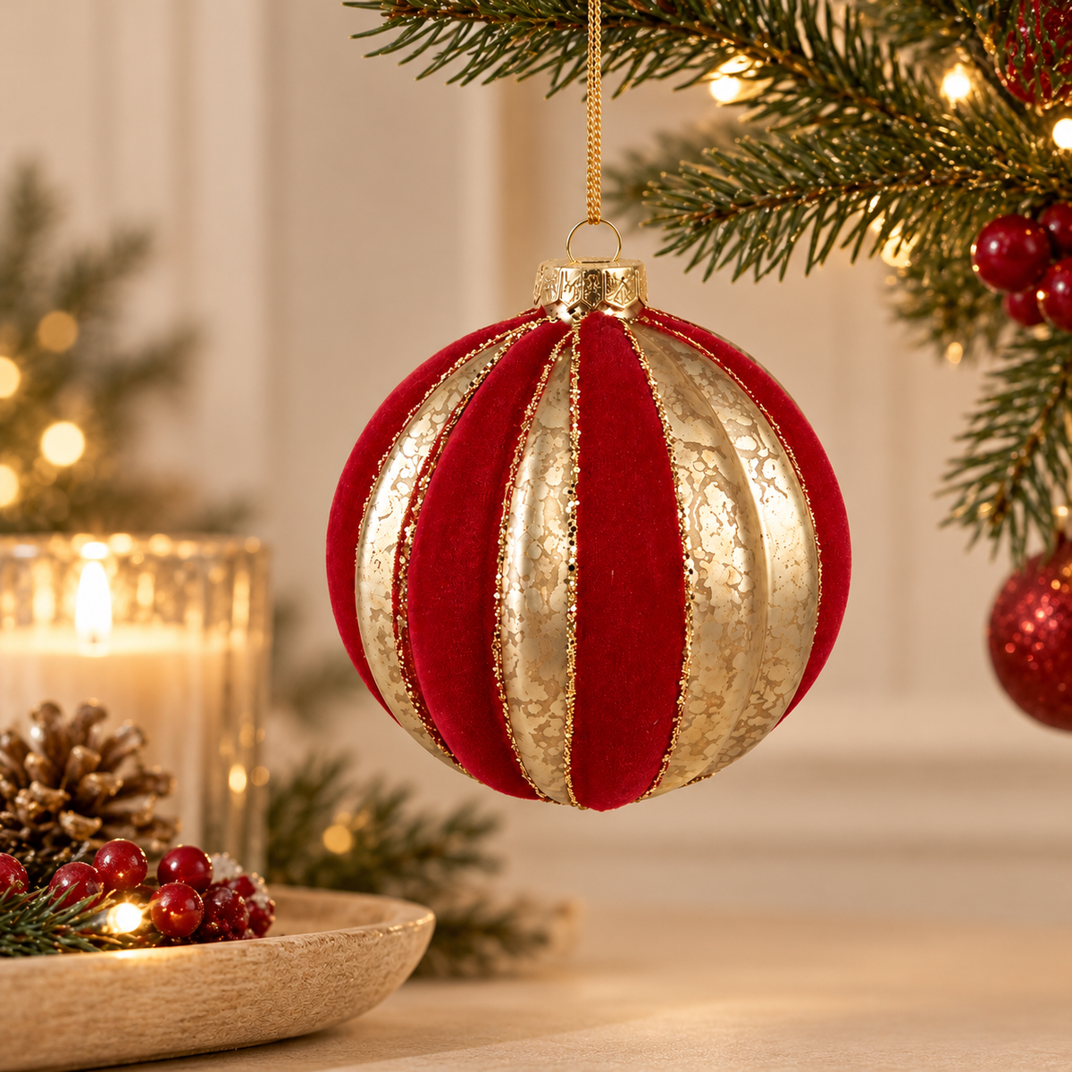 Sfera di Natale in Vetro Rosso Vellutato e Champagne Anticato con Spicchi Glitterati – Ø 10 cm