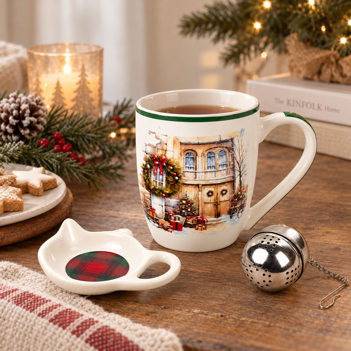 Tazza Natalizia in Ceramica con Infusore e Piattino – Decoro Facciata Invernale con Ghirlanda, Albero di Natale e Pacchi Regalo – 350 ml –