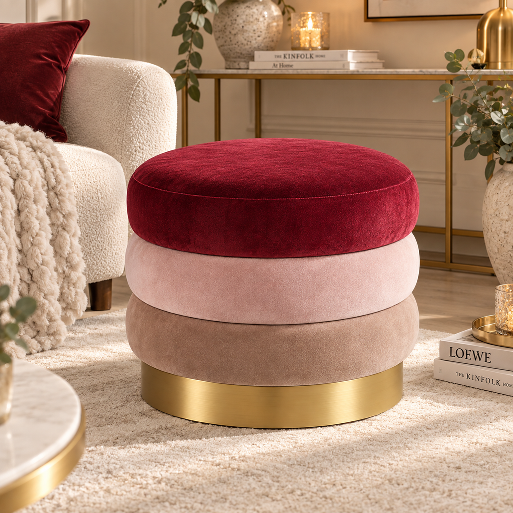 Pouf Rotondo Capitonné in Velluto Avorio con Base Oro - EDG (Copia)