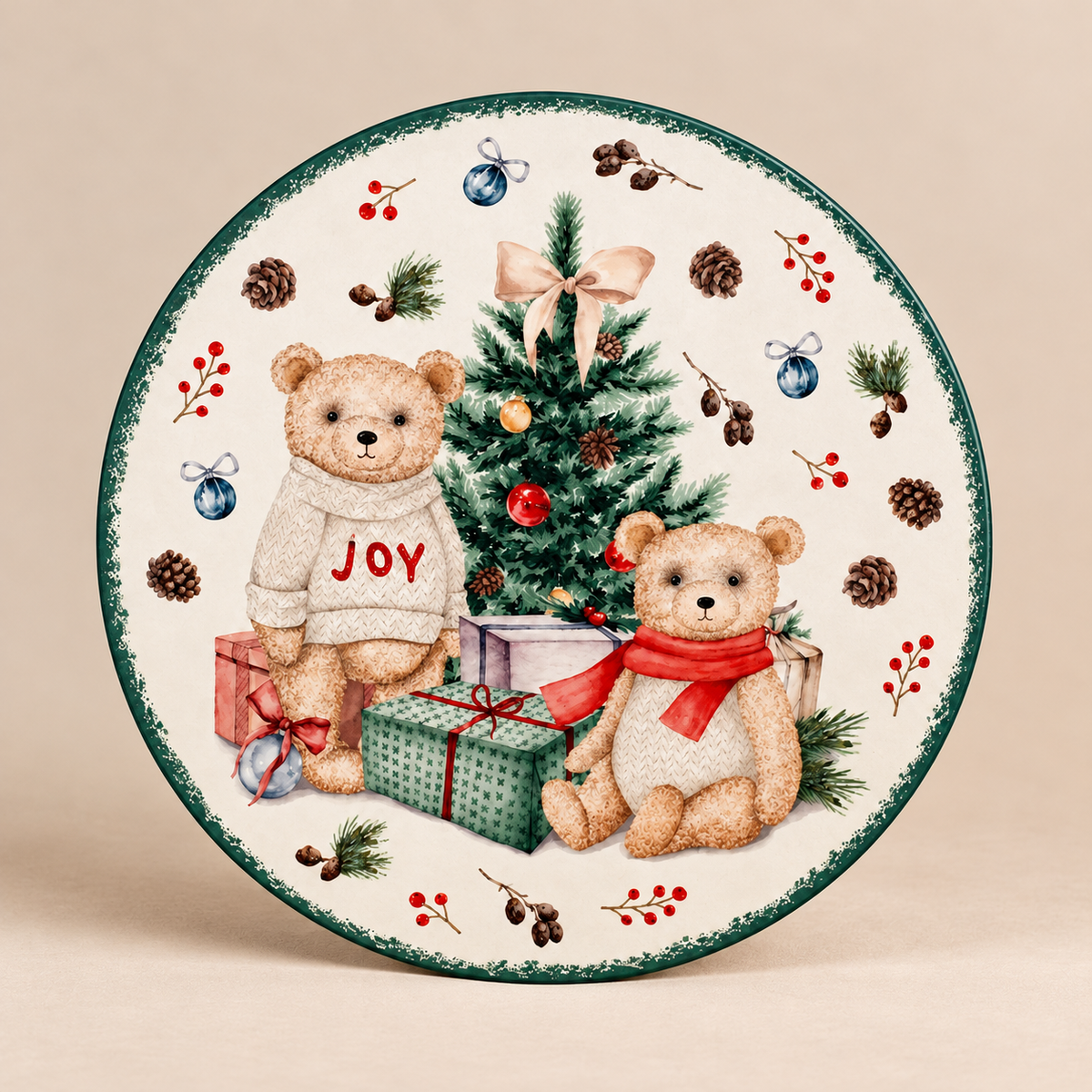 Sottopentola Natalizio Rotondo in Ceramica e Sughero con Orsetti, Albero di Natale e Regali – Ø 20 cm
