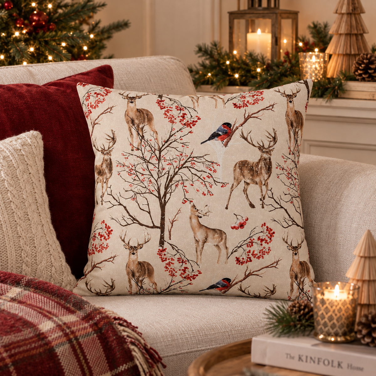 Cuscino Natalizio Decorativo Beige con Cervi, Uccellini e Bacche Rosse 45 x 45 cm