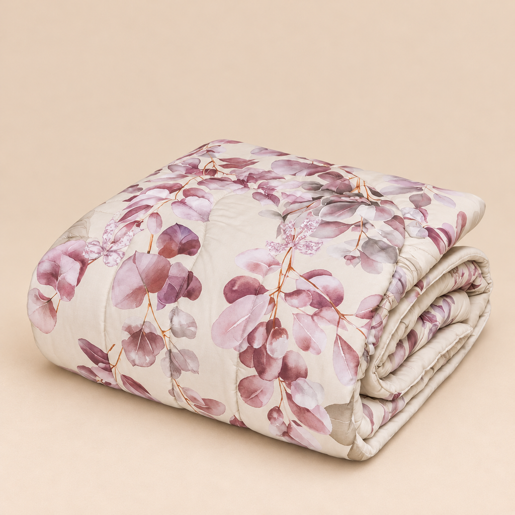 Trapunta Matrimoniale Laurel in Percalle di Cotone con Fantasia Botanica Rosa Antico e Lilla 270 x 270 cm – Tessitura Randi