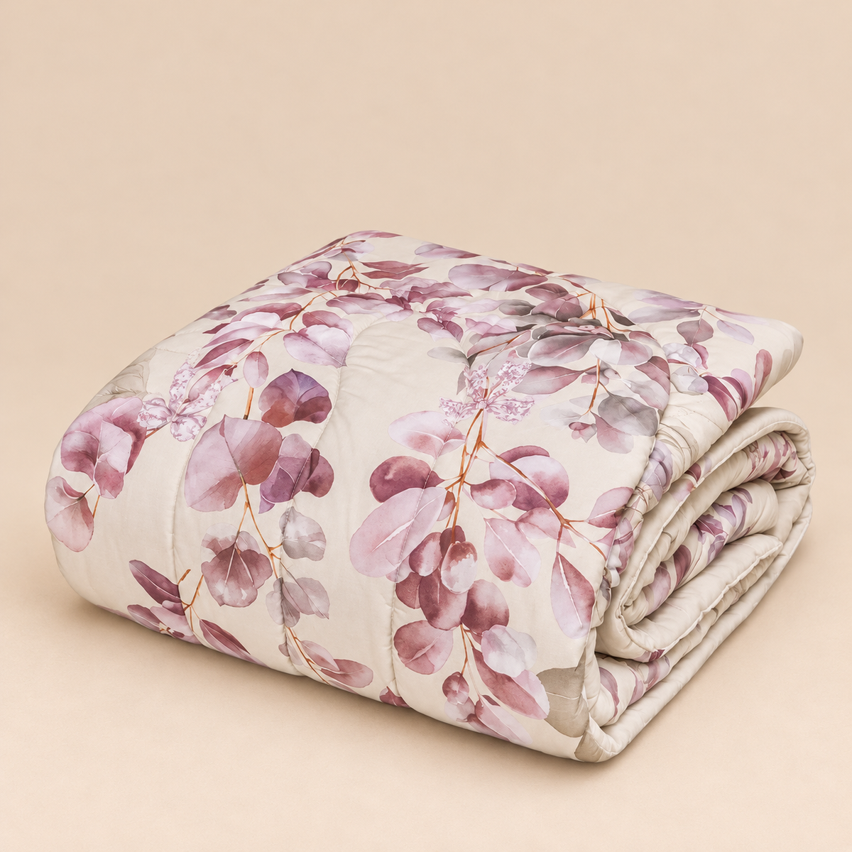 Trapunta Matrimoniale Laurel in Percalle di Cotone con Fantasia Botanica Rosa Antico e Lilla 270 x 270 cm – Tessitura Randi
