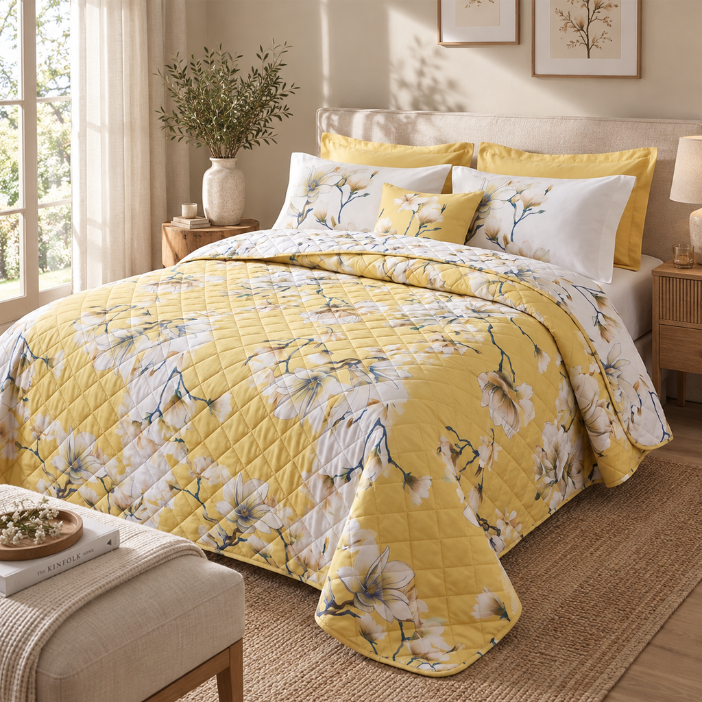 Trapunta Leggera Matrimoniale Double-Face Kyoto n Percalle di Cotone 200 T.C. con Fantasia Floreale Giallo e Bianco 270 x 270 cm – Tessitura Randi