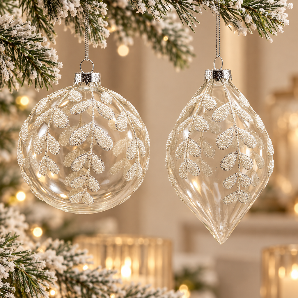 Decorazione Natalizia EDG in Vetro Trasparente con Foglie Bianche Glitterate 10 cm