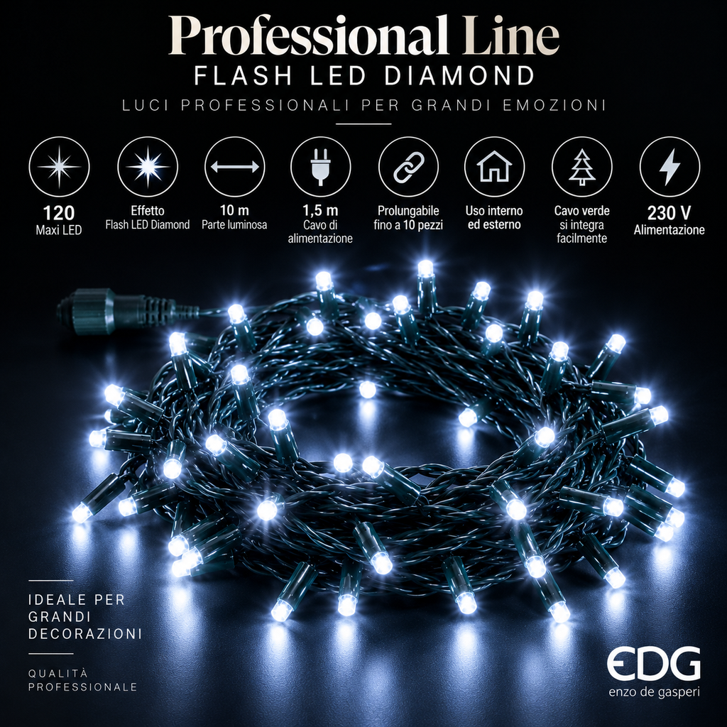 Catena Luminosa Professional Line Flash LED Diamond 120 Maxi LED 10 m Prolungabile – Interno ed Esterno