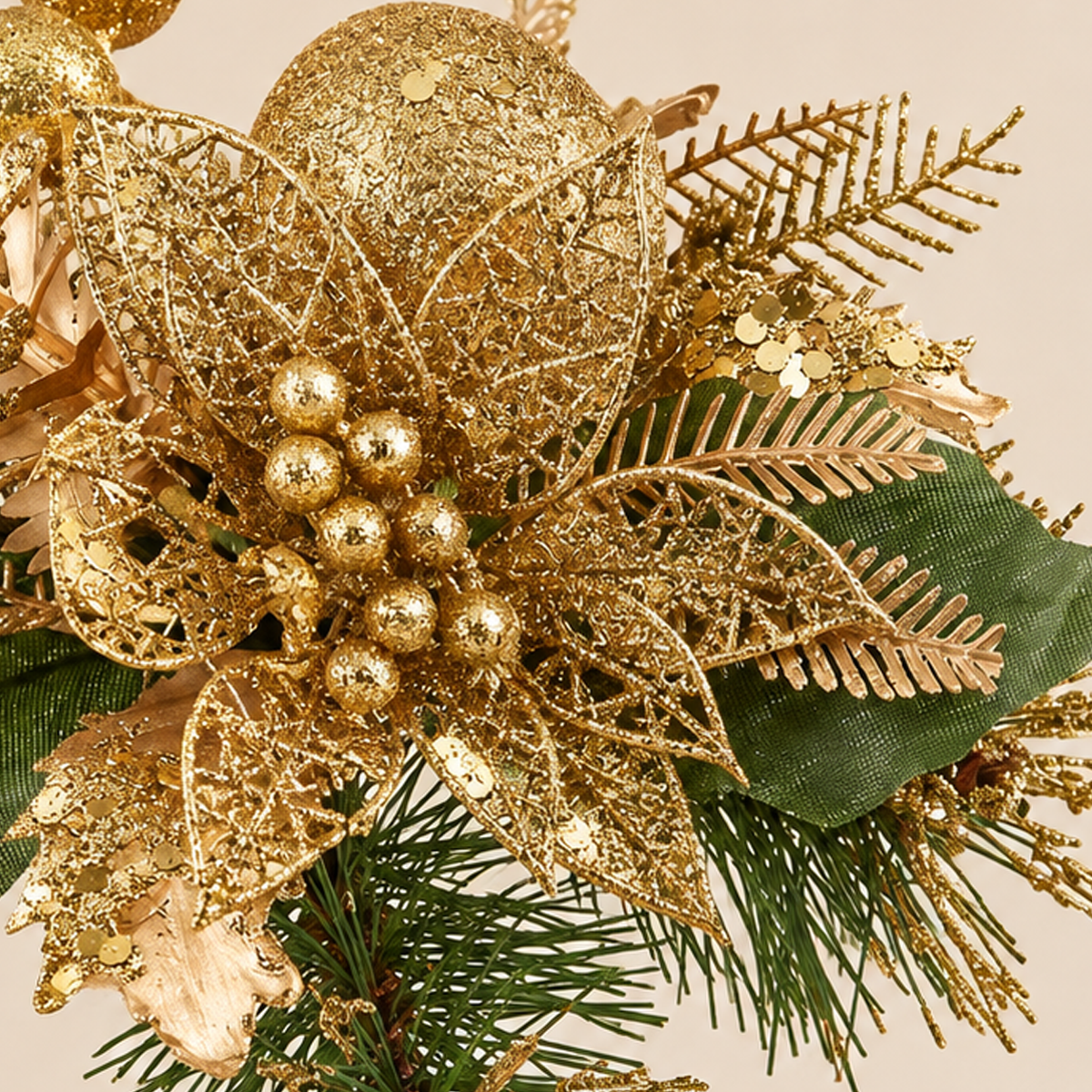 Pick Natalizio Oro con Poinsettia, Palline e Rami H 18 cm