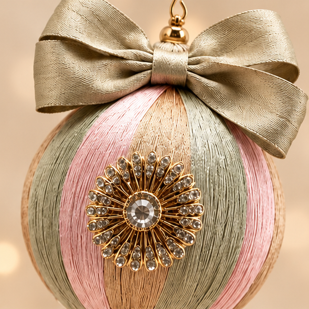 Decorazione Natalizia Sfera con Fiocco e Nappina Rosa, Salvia e Oro 28cm