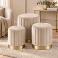 Pouf Rotondo in Velluto Beige con Base Oro