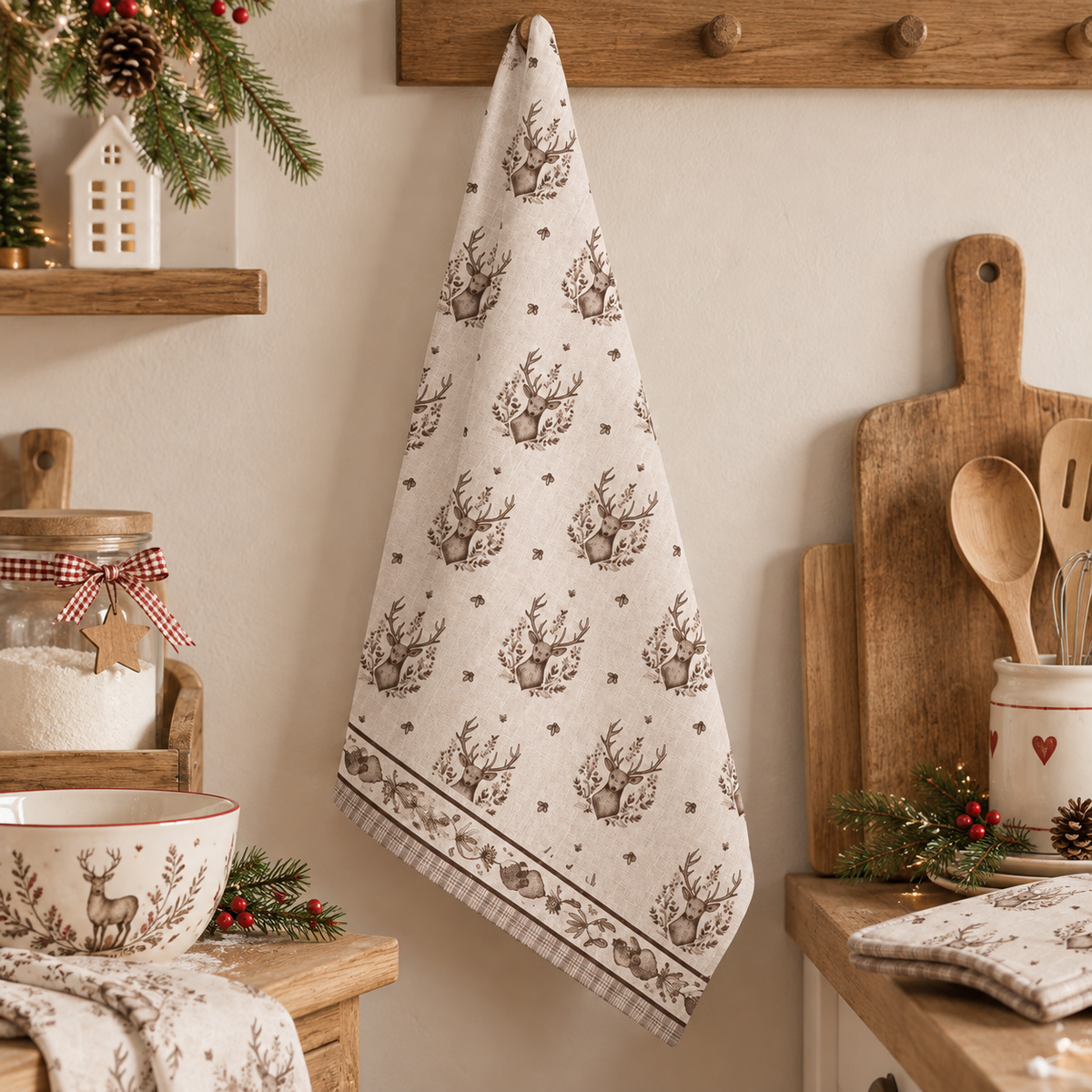 Canovaccio da Cucina Natalizio Winter Woodland con Cervo Beige 50 x 70 cm in Cotone