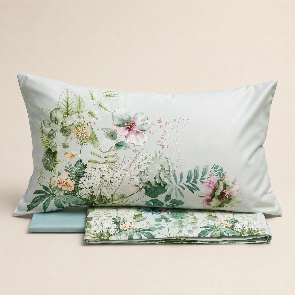 Completo Lenzuola in Raso 300 T.C. – Collezione Bloom Greenery