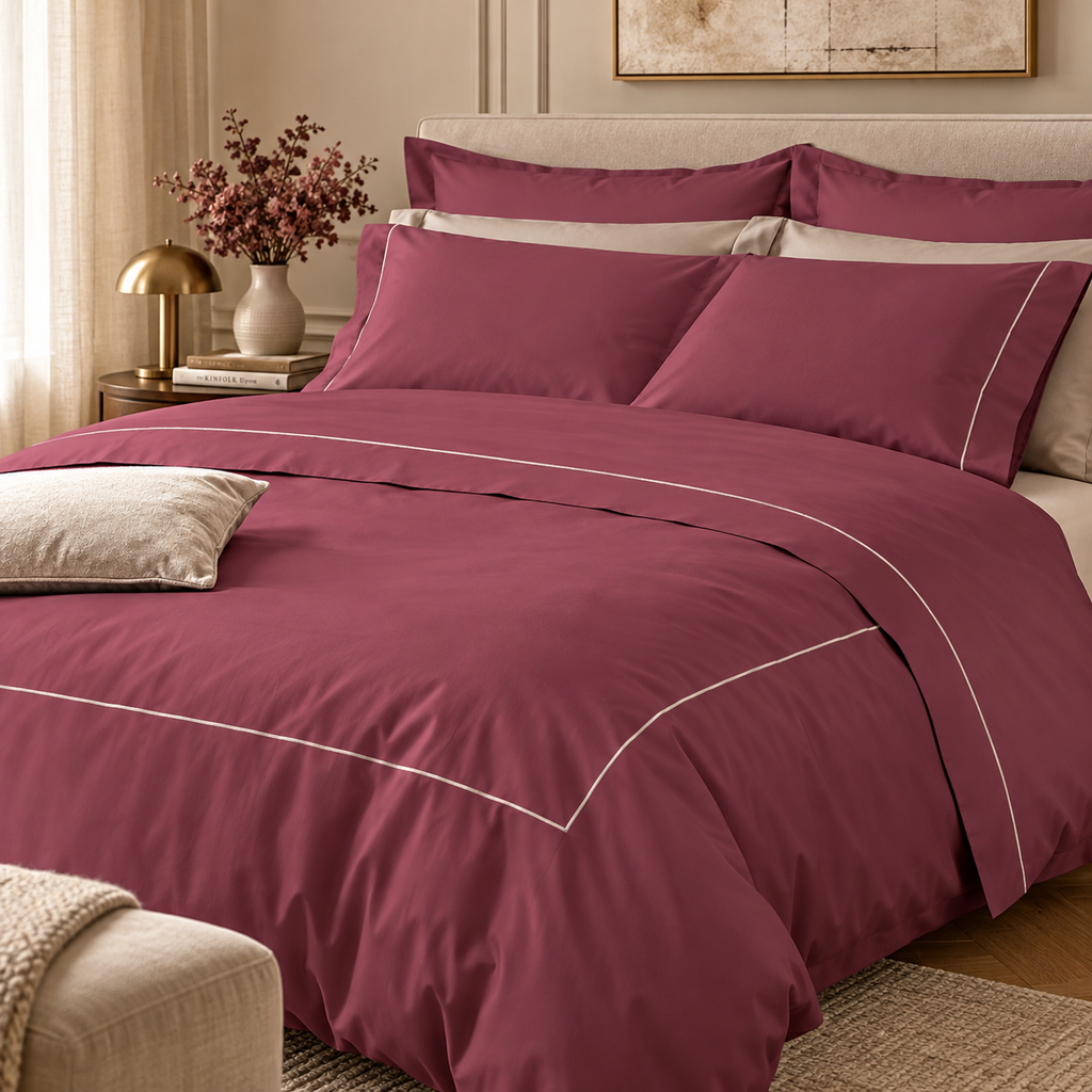 Completo Copripiumino Matrimoniale ELITE Tessitura Randi in Raso di Puro Cotone 300 T.C. Bordeaux con Ricamo Cordonetto