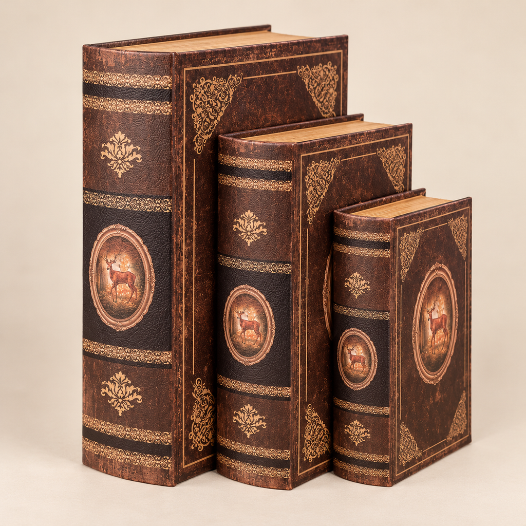 Set 3 Scatole Decorative a Forma di Libro Vintage con Cervo e Decori Dorati – Finti Libri Portaoggetti Marroni – 3 Dimensioni